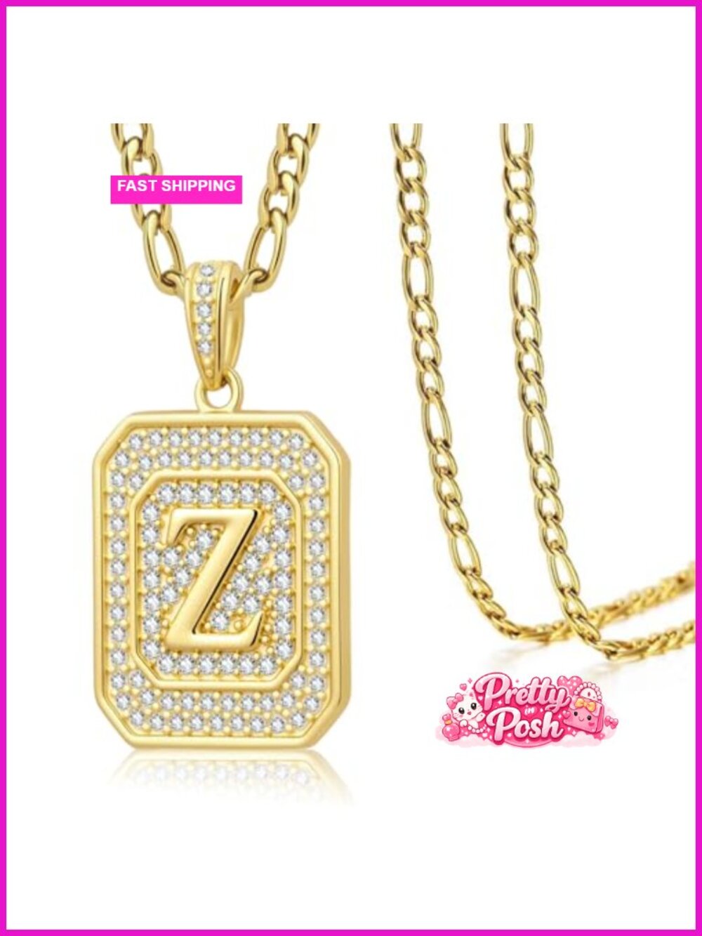 14k Gold Plated Initial Letter Z Monogram Pendant Necklace with Figaro Chain